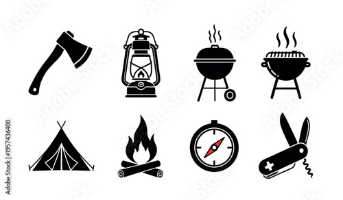 Camping and outdoor adventure icons including tools and equipment for wilderness survival and recreation
