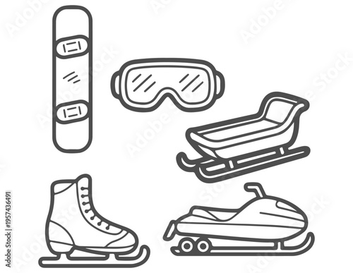Winter sports and recreational equipment collection illustration