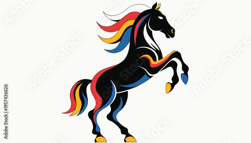 Black horse vector illustration with a red mane running in a simple silhouette style