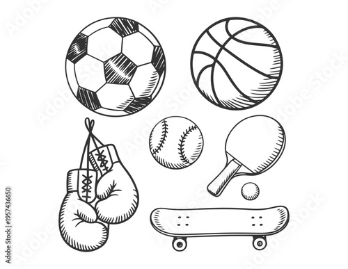 Illustrated collection of popular sports equipment and accessories