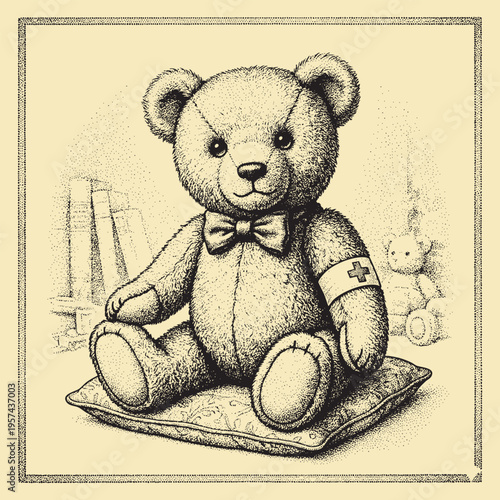 A vintage style ink drawing of a cute teddy bear sitting on a decorative cushion in a quiet room