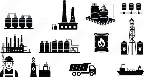 Silhouette icons of oil and gas industry infrastructure including refinery towers, pipelines, drilling rigs, storage tanks, tanker trucks, and cargo ships illustration