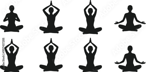 Silhouette collection of people practicing yoga and meditation poses with hands on knees and raised prayer positions, representing mindfulness, relaxation, and spiritual exercise illustration