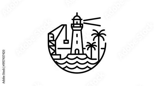 Stylized Nautical Scene With Lighthouse Crane Palm Trees and Waves