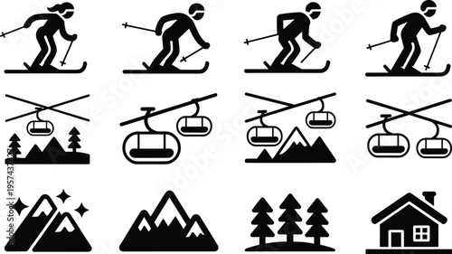 Silhouette icons of skiing, helicopters, ski lifts, mountains, pine trees, and cabins representing winter sports, mountain resorts, and outdoor adventure activities.