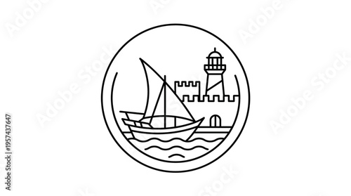 Nautical Emblem with Sailboat Lighthouse and Castle