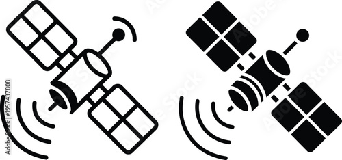 Space satellite icon set featuring minimalist black line art and solid silhouette style for global communication orbital technology and wireless signal transmission