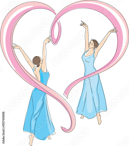 Two ballet dancers in blue dresses with pink ribbon forming a heart shape, vector illustration