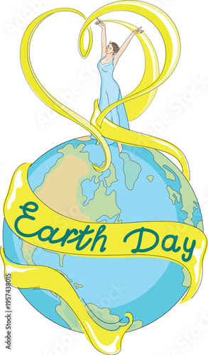 Earth Day celebration illustration, cute girl dancing on globe with heart ribbon, ecology concept vector