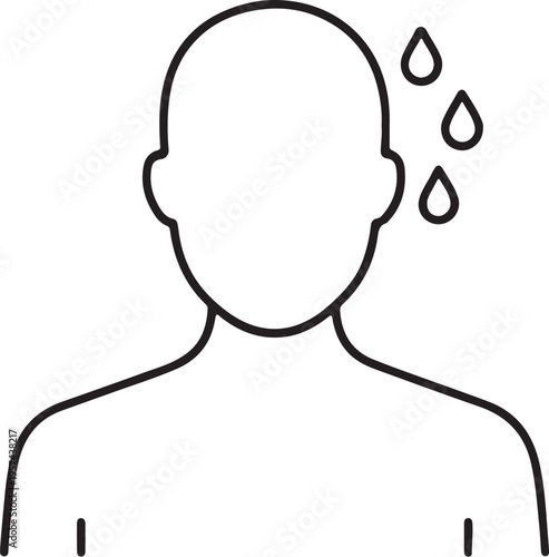 Illustration of sweating person icon, linear style illustration of human head with water drops