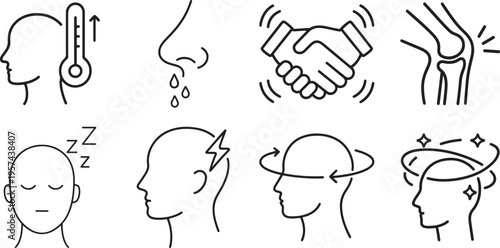 Illustration of set of medical symptoms and health conditions line icons