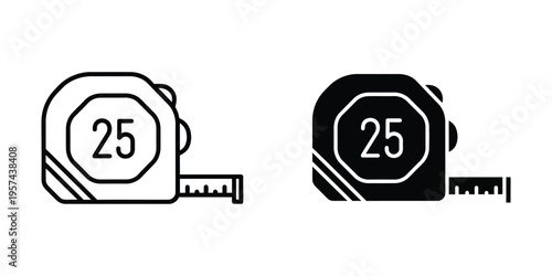 Measuring tape icon with number 25, clean line art and solid silhouette vector illustration