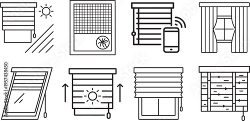 Illustration of set of window blinds and shades icons, thin line style