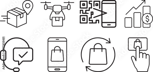 Illustration of set of ecommerce and logistics line icons including delivery, drone shipping, qr code, financial growth, customer support, mobile shopping