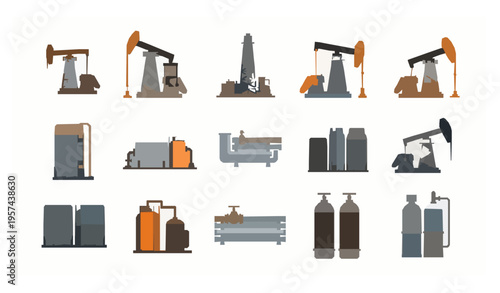 Oil and gas industry vector set pump jack drilling rig equipment isolated on white background