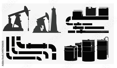 Oil gas industry silhouette vector set drilling equipment collection isolated on white background