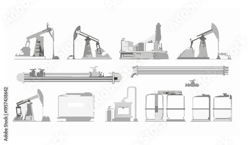 Oil gas industry line art vector equipment set drilling rig pump jack isolated on white background