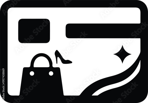 Online Shopping Payment Card Retail Icon Concept,
Minimal icon showing credit card with shopping bag and fashion items, representing online shopping, retail payments, and e-commerce transactions.