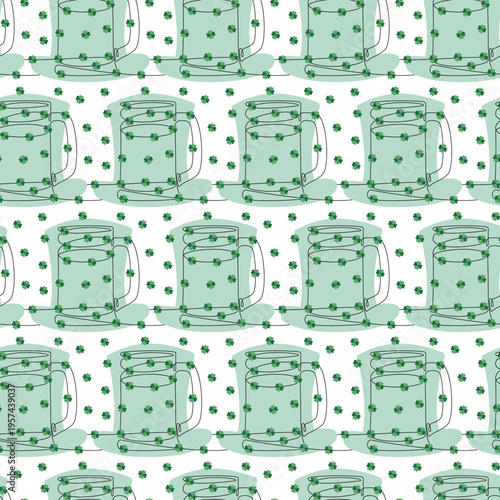 Continuous line drawn mug with quatrefoil Clover leaves on leprechaun hat Backdrop Seamless Pattern. Vector illustration St Patricks Day Greeting Thematic Card background Media post, banner, wrapping