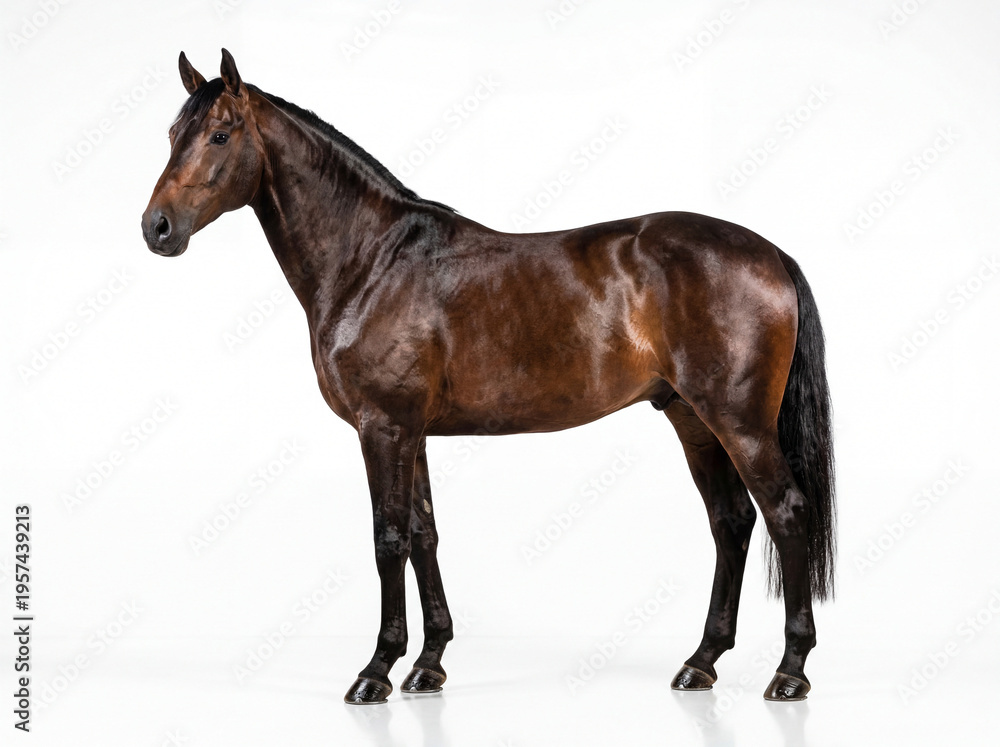 Obraz premium Dark brown horse stands gracefully against white background