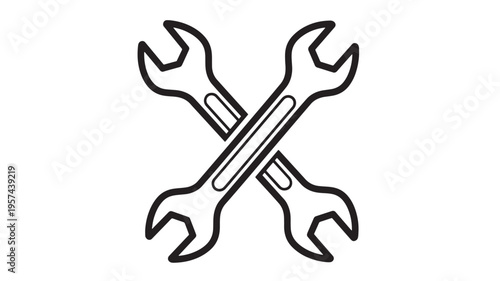 Wrenches crossed icon with bold black outline, representing tools for repair and construction work. featuring wrench, spanner, tool with maintenance