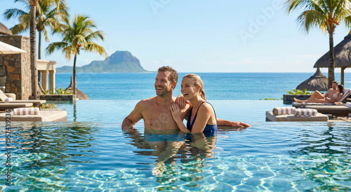 Two Travelers Relaxing in Luxury Infinity Pool with Ocean View in Mauritius – Tropical Paradise Holiday Vacation Escape