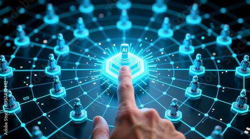 Human hand controls central intelligence managing interconnected AI agents and smart agent automation through digital grid interface for system management