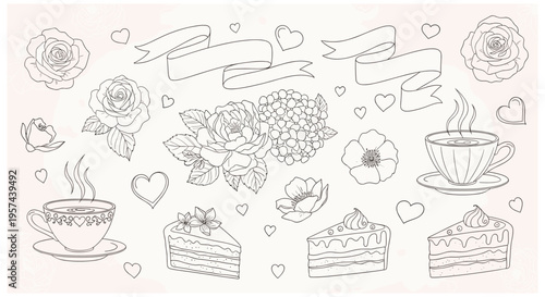 Vintage line art bakery and coffee still life with flowers and hearts in soft pastel colors for Valentines Day