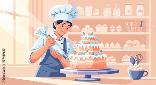 Baker Decorating Multi-Tiered Cake with Piping Bag in Cozy Kitchen