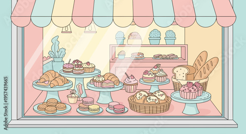 Charming Bakery Window Display with Assorted Pastries, Croissants, and Cakes