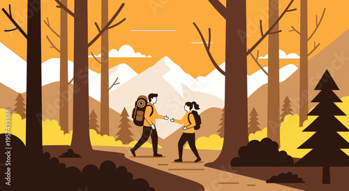 Couple hiking in forest, holding hands, mountains and autumn trees background