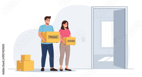 Couple moving into new home, carrying boxes, entering doorway