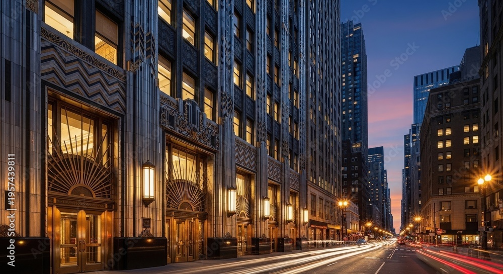 Fototapeta premium Art Deco Skyscraper Facade at Dusk