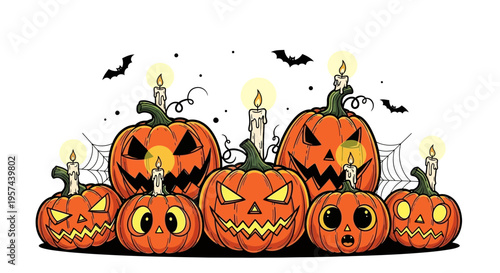 Halloween Pumpkins Carved Jack O Lanterns with Candles and Bats
