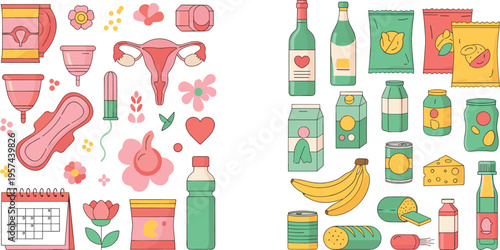 Health and Lifestyle Set with Feminine Hygiene Nutrition and Organic Food, Cartoon Wellness Collection for Diet, Care, and Medical Illustration Design