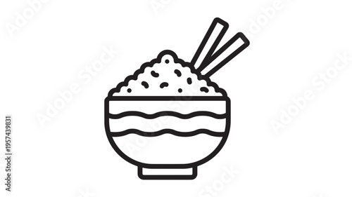 Bowl of rice icon with two chopsticks inserted into the grains, presented in a simple outline style.
