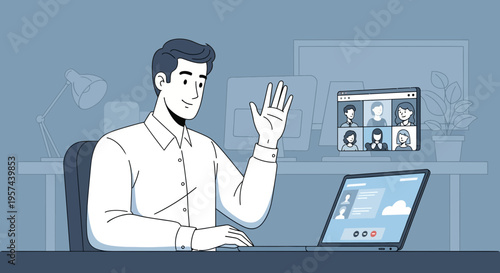 Man waving hello during a video conference call on a laptop, remote work concept