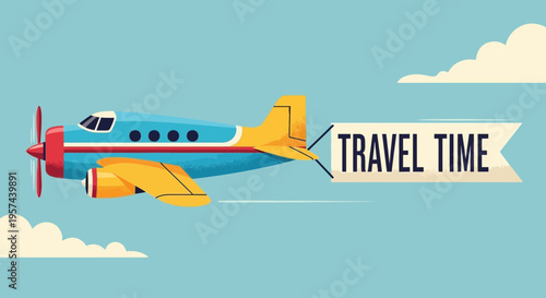 Retro Airplane Flying with "Travel Time" Banner in Sky