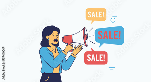 Woman with Megaphone Announcing Sale, Promoting Special Offer and Discount