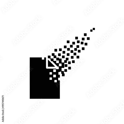 Digital Data Loss Icon: Document Dissolving into Pixels, Concept of Data Corruption or Deletion