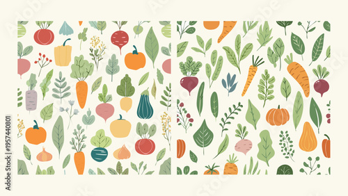 Vibrant Seamless Pattern Featuring a Delightful Assortment of Fresh, Hand-Drawn Organic Vegetables and Leafy Greens, Perfect for Healthy Eating Themes and Natural Design Backgrounds