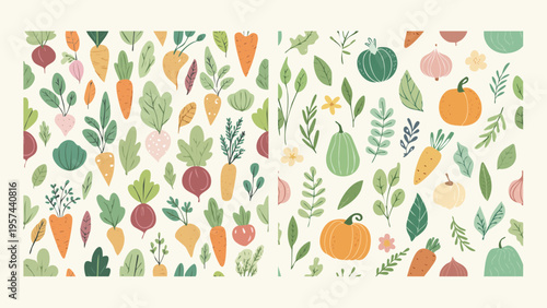 Two delightful seamless patterns featuring a plentiful harvest of fresh garden vegetables and organic leafy greens, embodying wholesome goodness for healthy designs