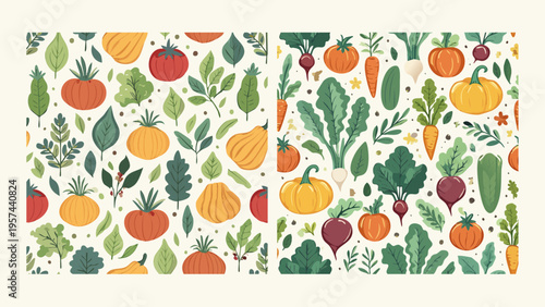 Colorful and fresh vegetable garden elements forming a charming seamless pattern, showcasing a bounty of healthy produce and organic greens for decorative projects