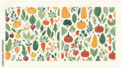 Vibrant and whimsical seamless pattern featuring an array of fresh, organic garden vegetables and lush leafy greens, perfect for culinary-themed designs or healthy lifestyle promotions