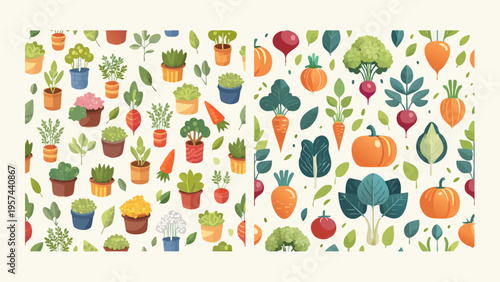 Wholesome Harvest Seamless Vector Patterns Featuring Vibrant Garden Vegetables and Charming Potted Plants for Healthy Lifestyle Concepts