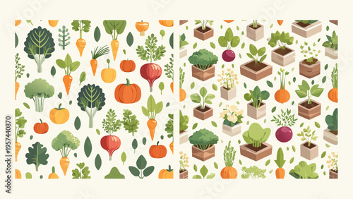 Whimsical seamless pattern showcasing a bounty of fresh, organic garden vegetables and growing plants, perfect for healthy lifestyle and natural food designs