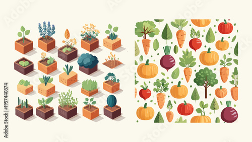 Vibrant collection of isometric garden plants and a cheerful seamless pattern of freshly harvested organic vegetables, promoting sustainable growing and healthy eating