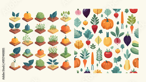 Diverse set of stylized vegetable illustrations, including isometric garden patches and a bountiful seamless pattern, perfect for nature-inspired designs