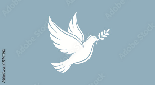 Stylized white flying dove holding an olive branch, iconic symbol of peace, hope, purity, and freedom on a soft blue background.