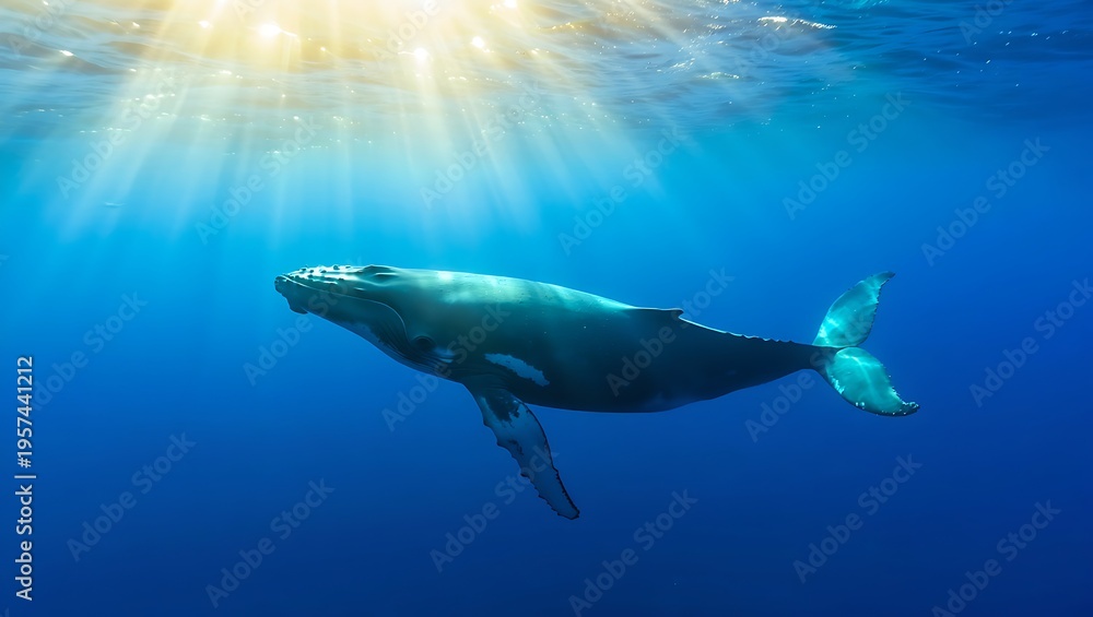Obraz premium Majestic whale gliding through deep blue ocean, illuminated by sunlight rays, showcasing serene marine wildlife, peaceful underwater scene, natural beauty, vibrant ecosystem, tranquil environment